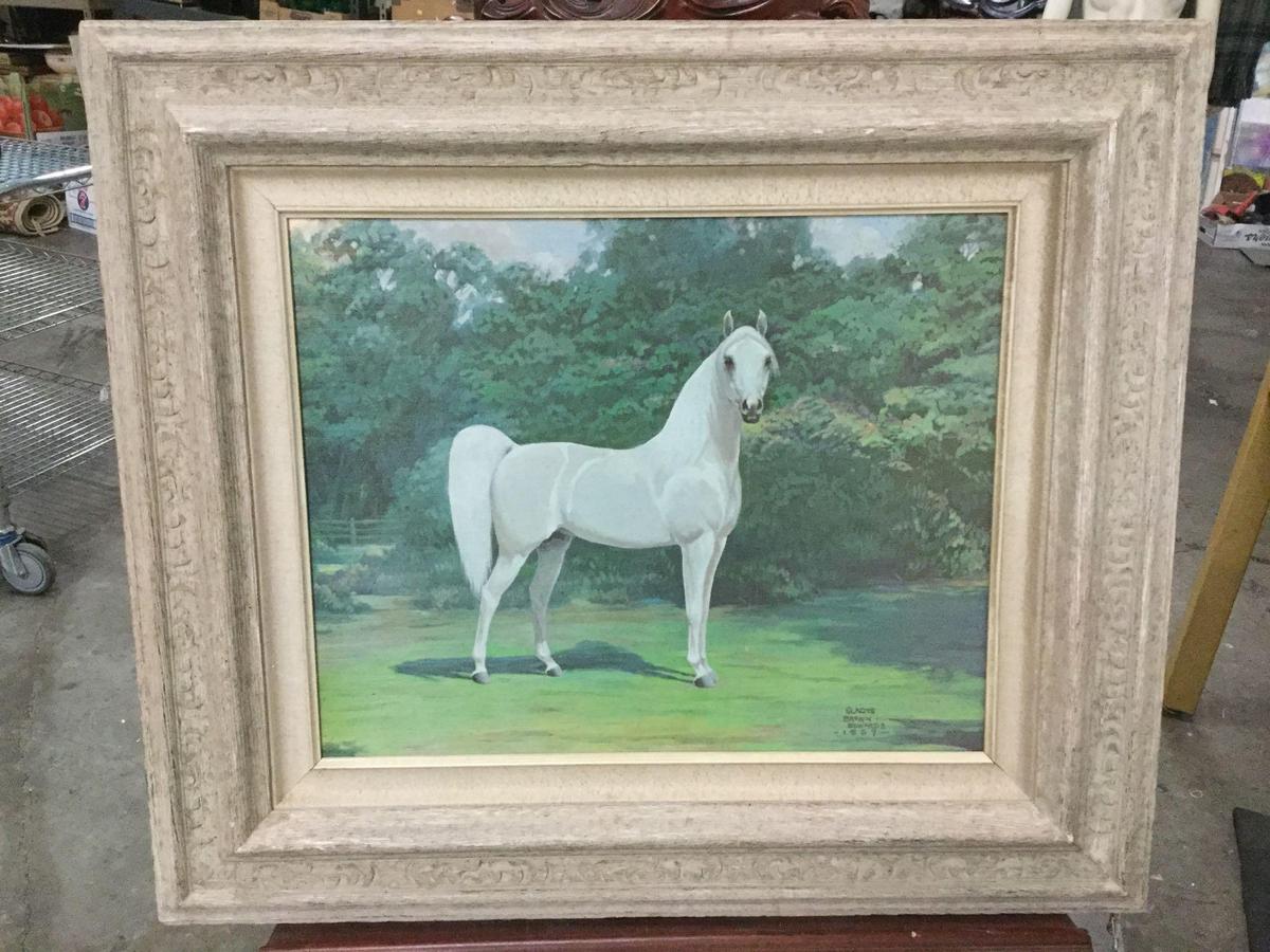 Framed original canvas painting of a white horse in a field signed Gladys Brown Edwards 1967