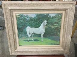 Framed original canvas painting of a white horse in a field signed Gladys Brown Edwards 1967