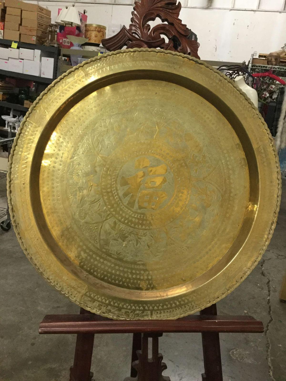 Large Asian hand chased brass round wall hanging decorative tray