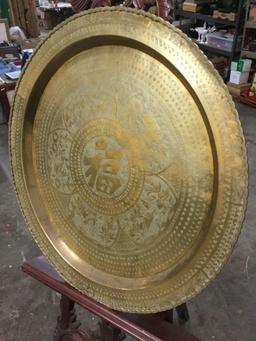 Large Asian hand chased brass round wall hanging decorative tray