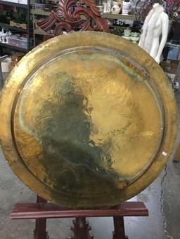 Large Asian hand chased brass round wall hanging decorative tray