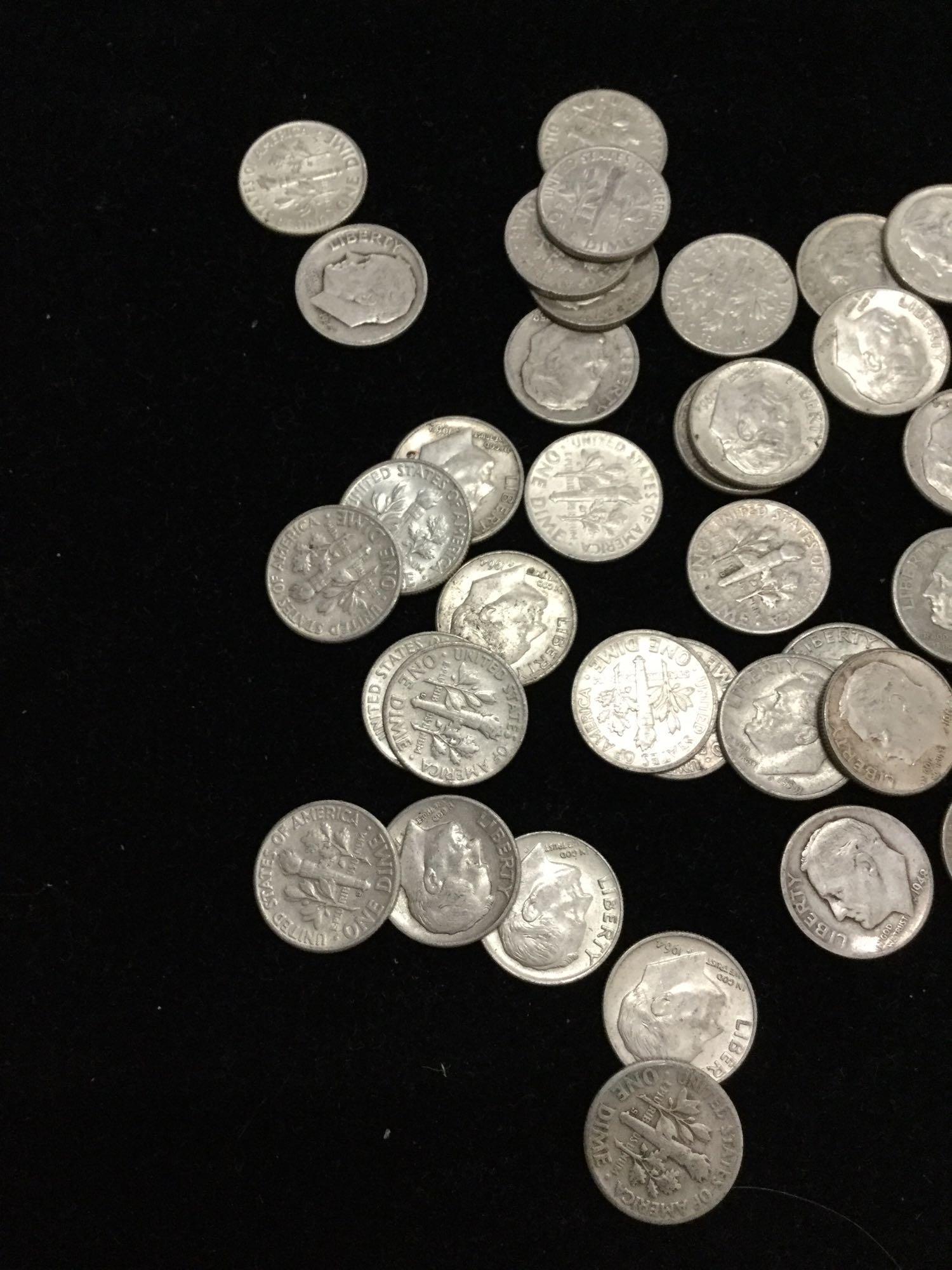 Collection of 100 un-researched silver Roosevelt dimes, all pre 1964 from estate safe deposit box.