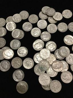 Collection of 100 un-researched silver Roosevelt dimes, all pre 1964 from estate safe deposit box.