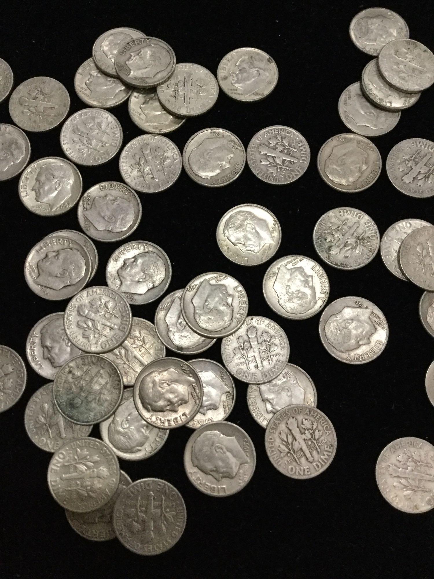 Collection of 100 un-researched silver Roosevelt dimes, all pre 1964 from estate safe deposit box.