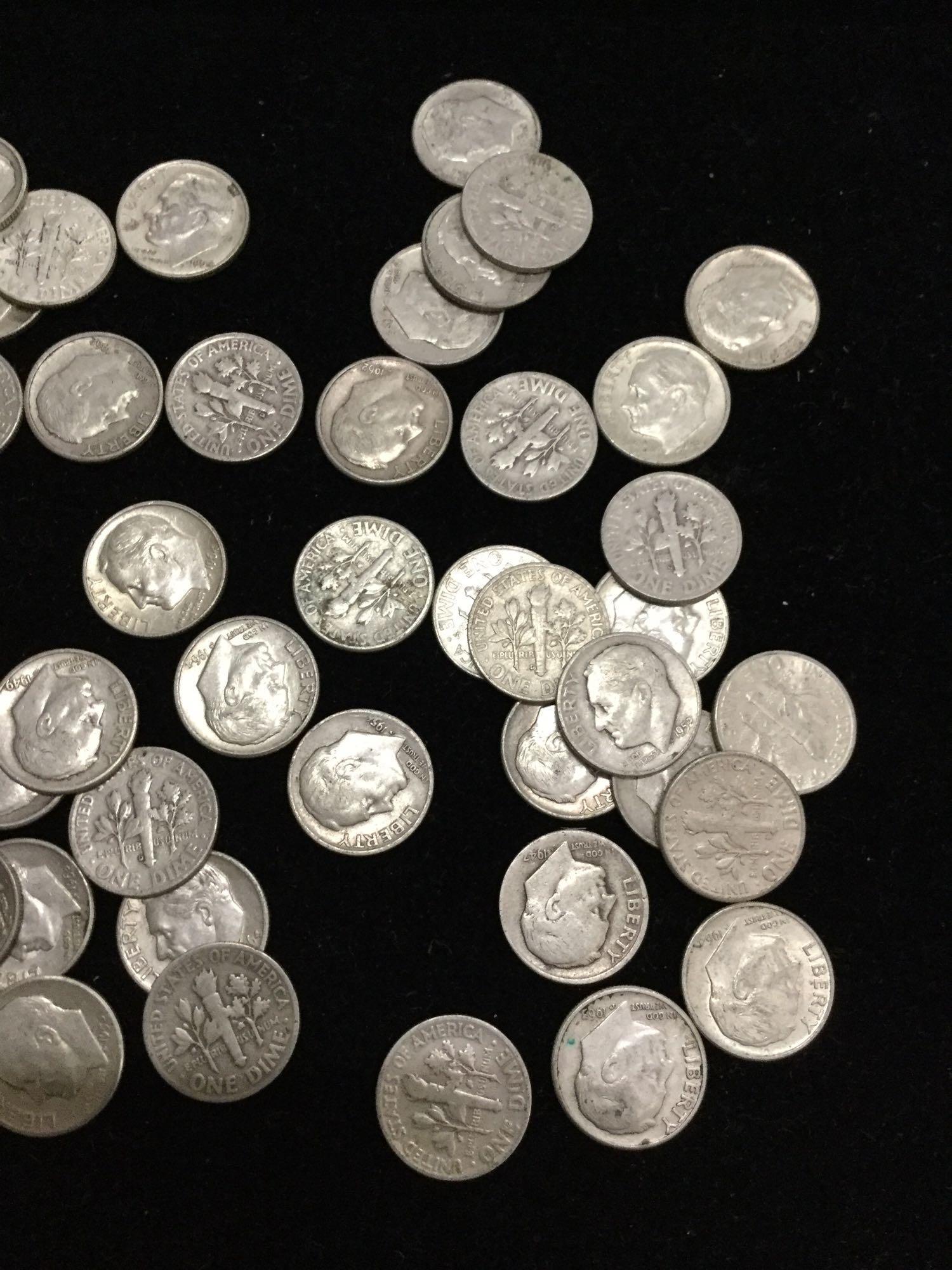 Collection of 100 un-researched silver Roosevelt dimes, all pre 1964 from estate safe deposit box.