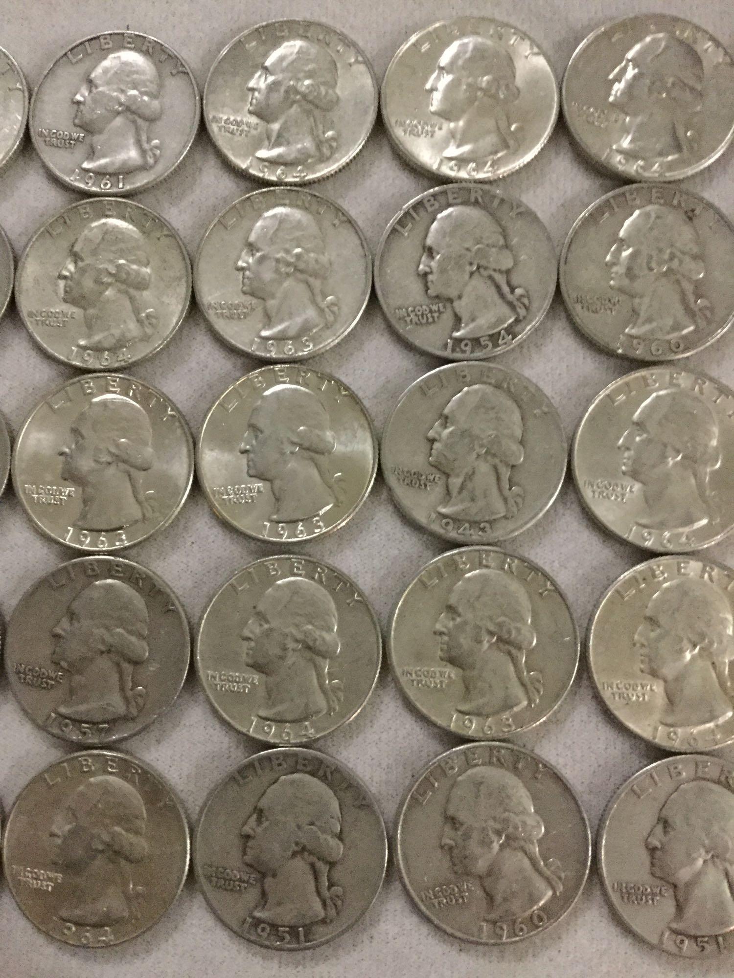 Collection of 50 silver Washington quarters from estate safety deposit box