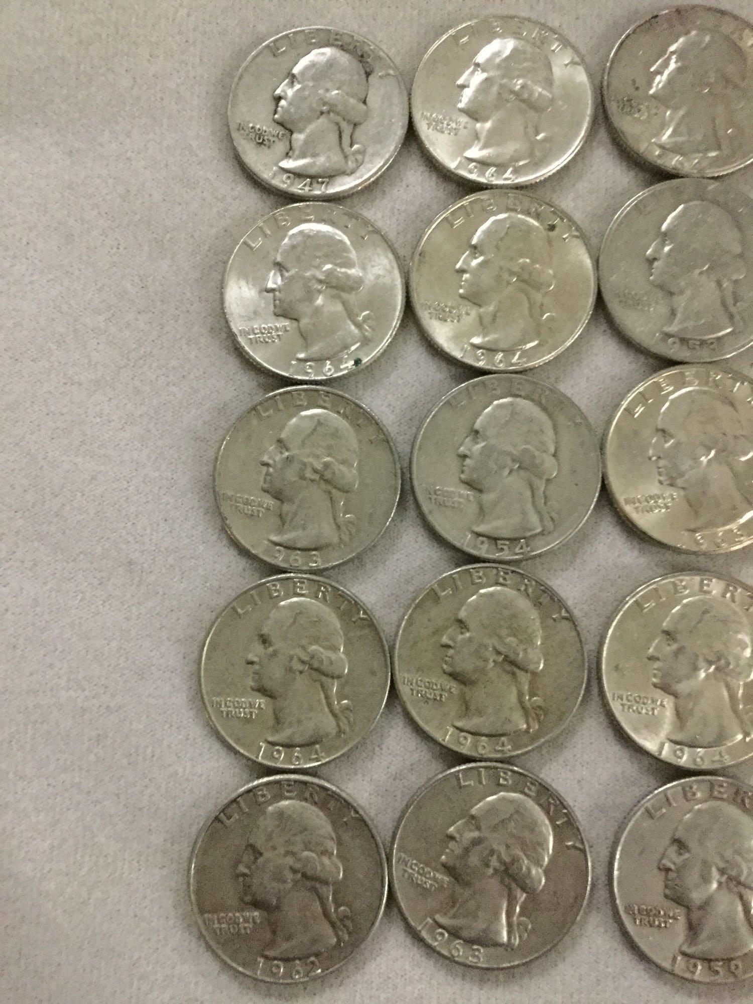 Collection of 50 silver Washington quarters from estate safety deposit box