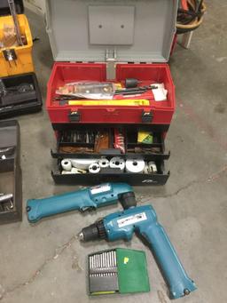 4 tool kits full of: Makita cordless driver drill, Makita Drill, drill bits, hand tools etc