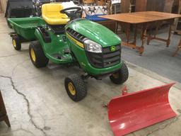 John Deere D110 Riding lawnmower w/ wagon, mower catch & plow attachments - as is see desc