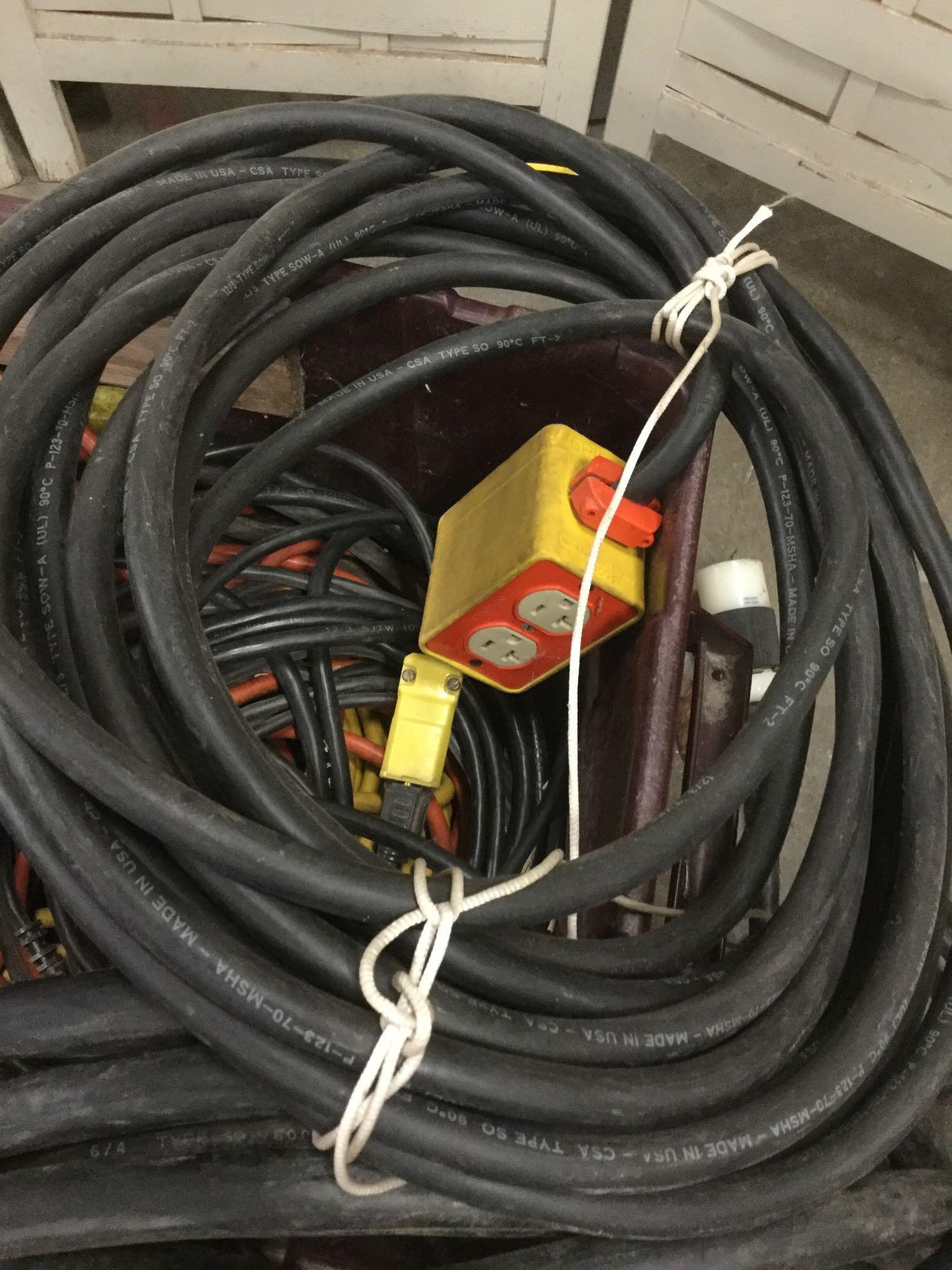 Huge lot of misc. electrical cords w/ power boxes, various lengths and styles