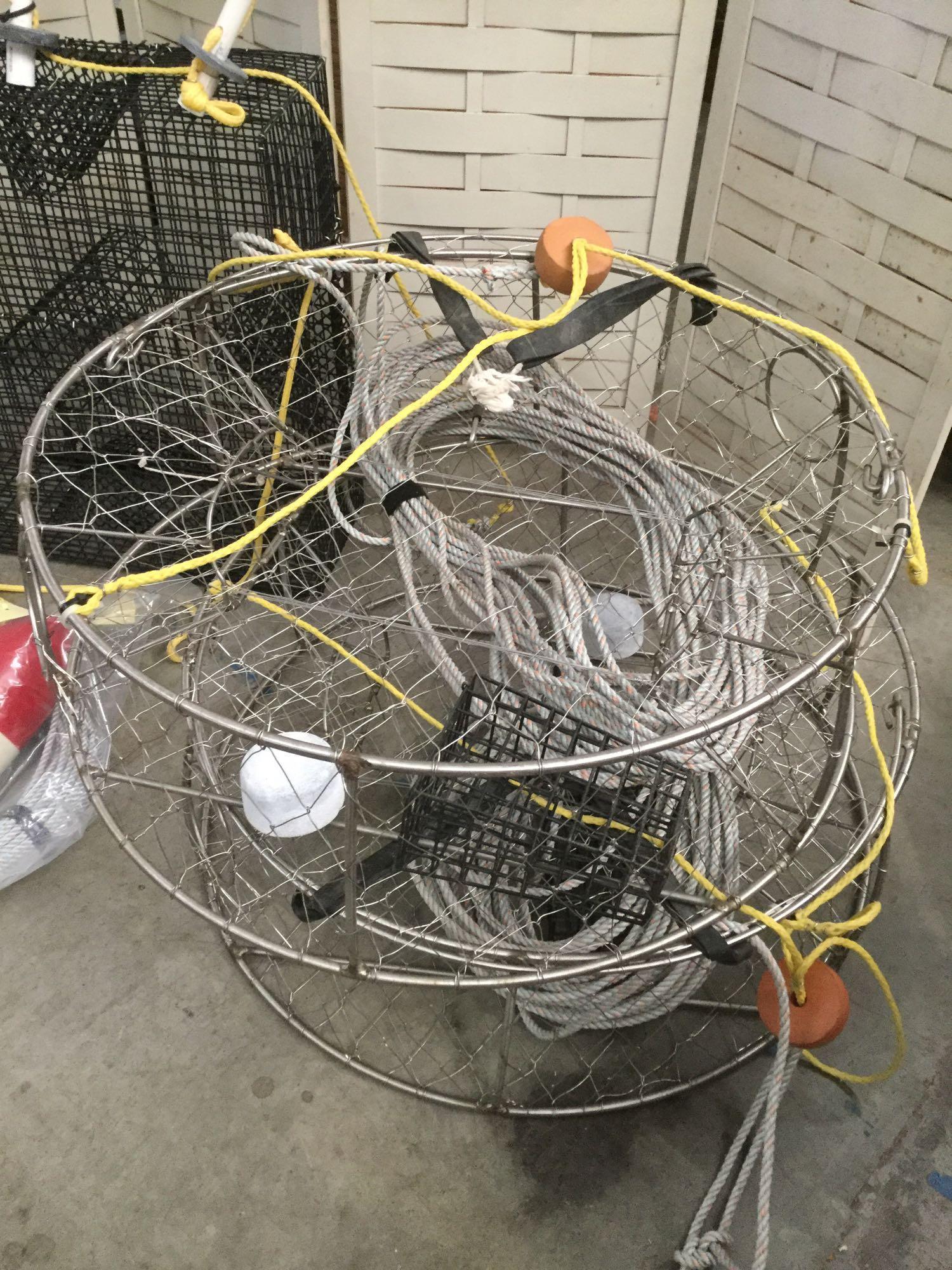 Collection of 3 large crab pots , 1 small basket, 3 marker flags, rope and unused leaded line kit