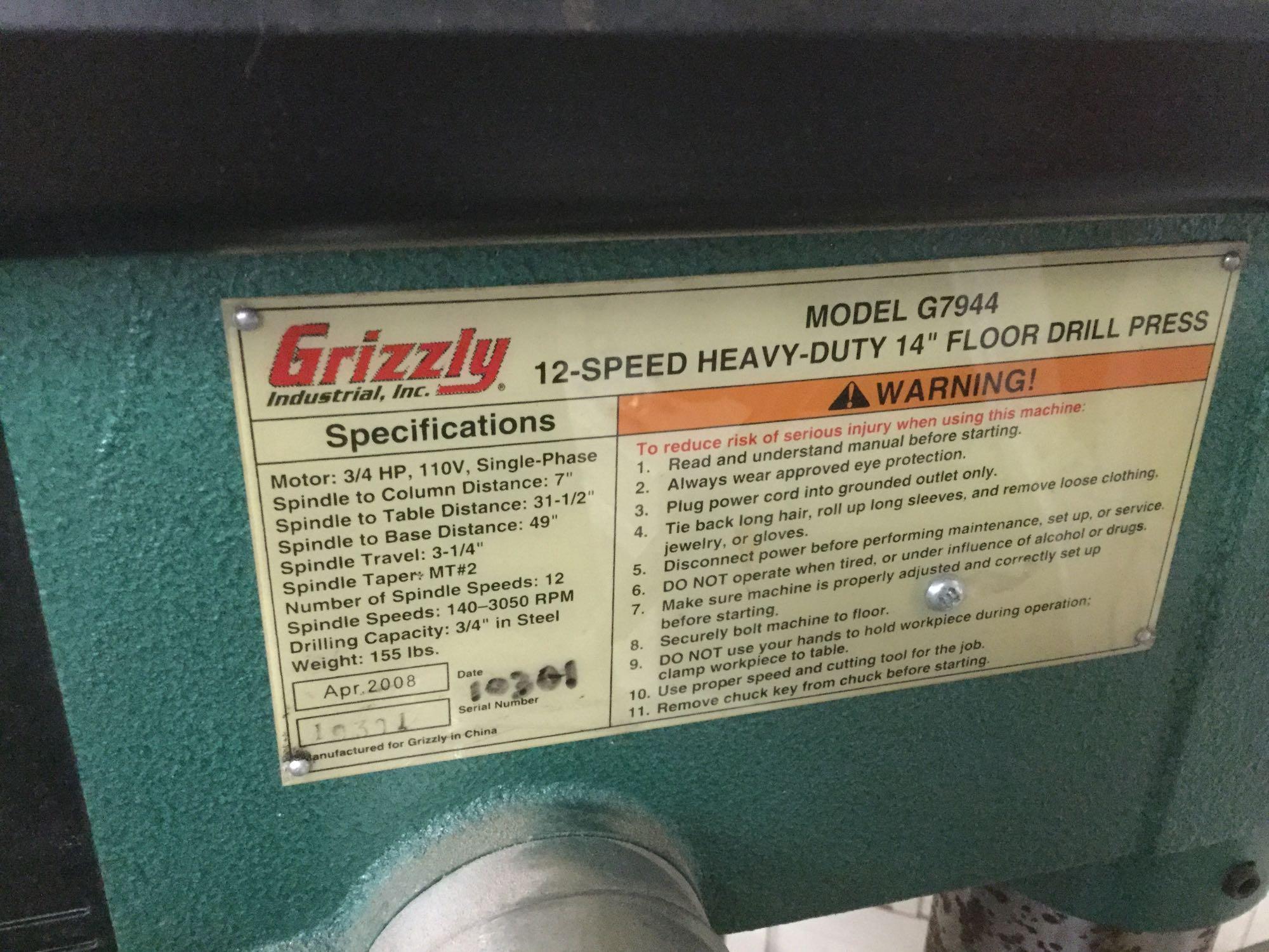 Grizzly Industrial INC., 12-speed heavy duty 14 inch floor drill press w/key