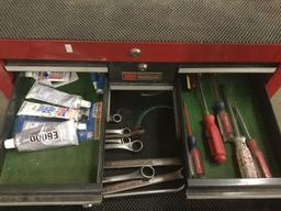 Sears Craftsman rolling tool chest with 12 drawers full of hand tools, hammers and useful shop items
