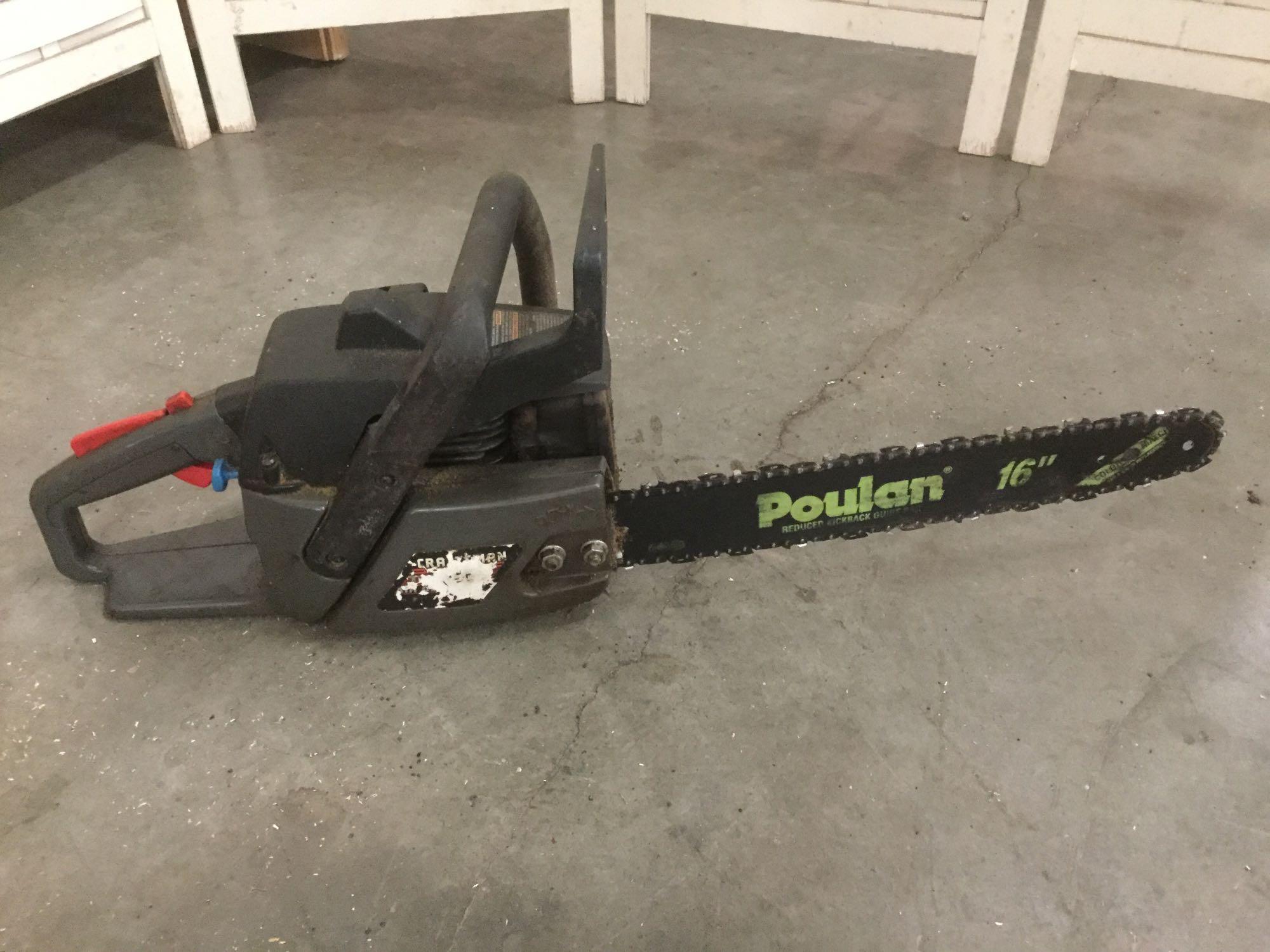 Sears Craftsman 14 inch gas operated chainsaw, with Poulan 16 inch reduced kickback guide