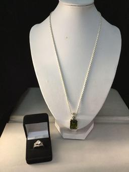 Sterling silver necklace w/ large cut green stone pendant & beautiful silver ring set