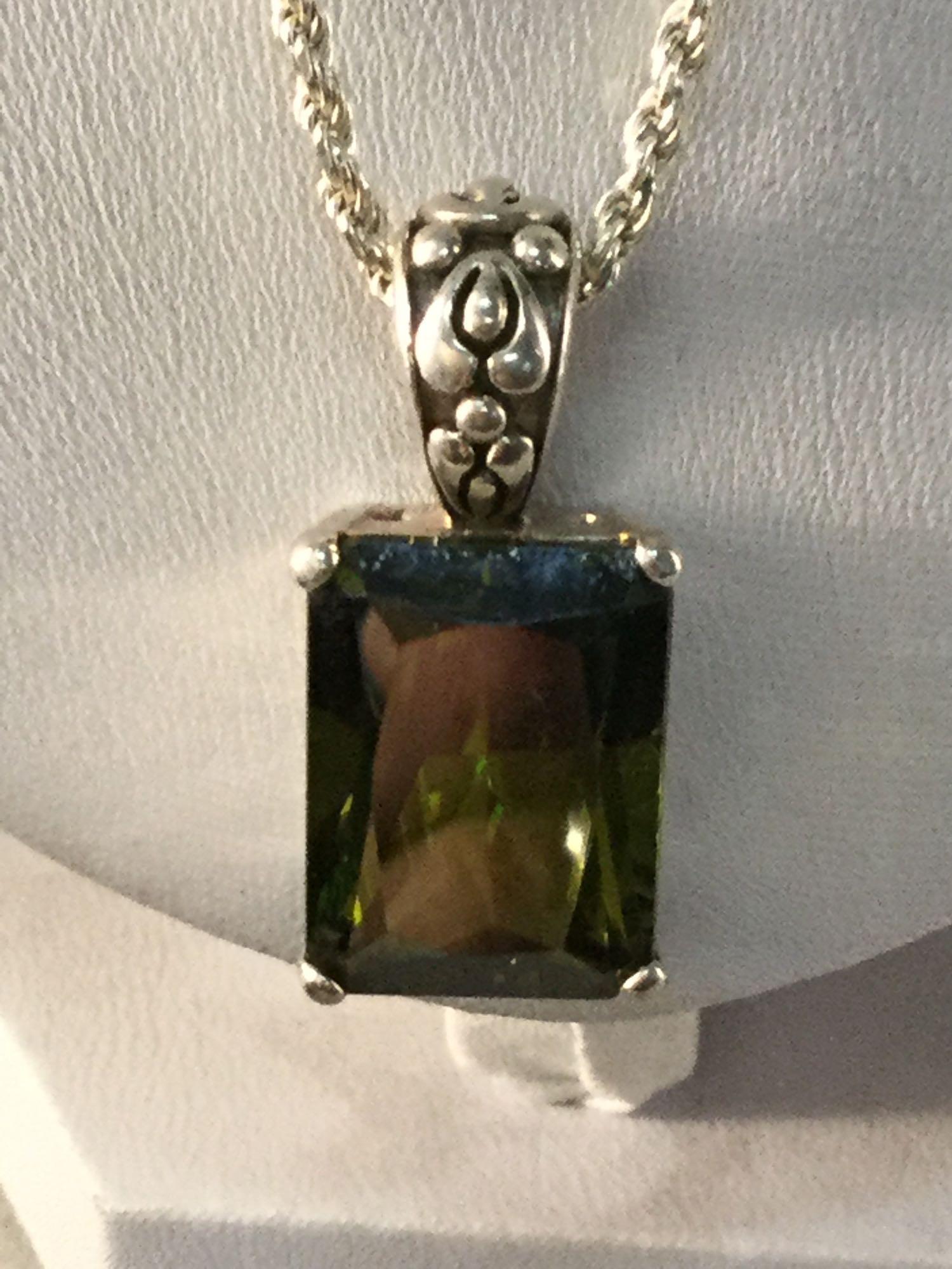 Sterling silver necklace w/ large cut green stone pendant & beautiful silver ring set