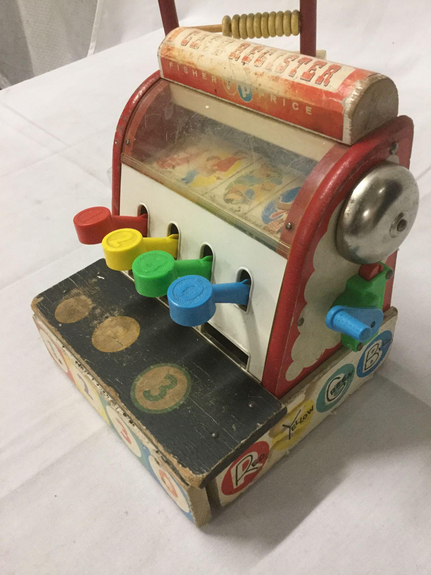 4 wood toys - vintage Fisher Price Cackling Hen pull toy& 72' Cash Register. abacus and more
