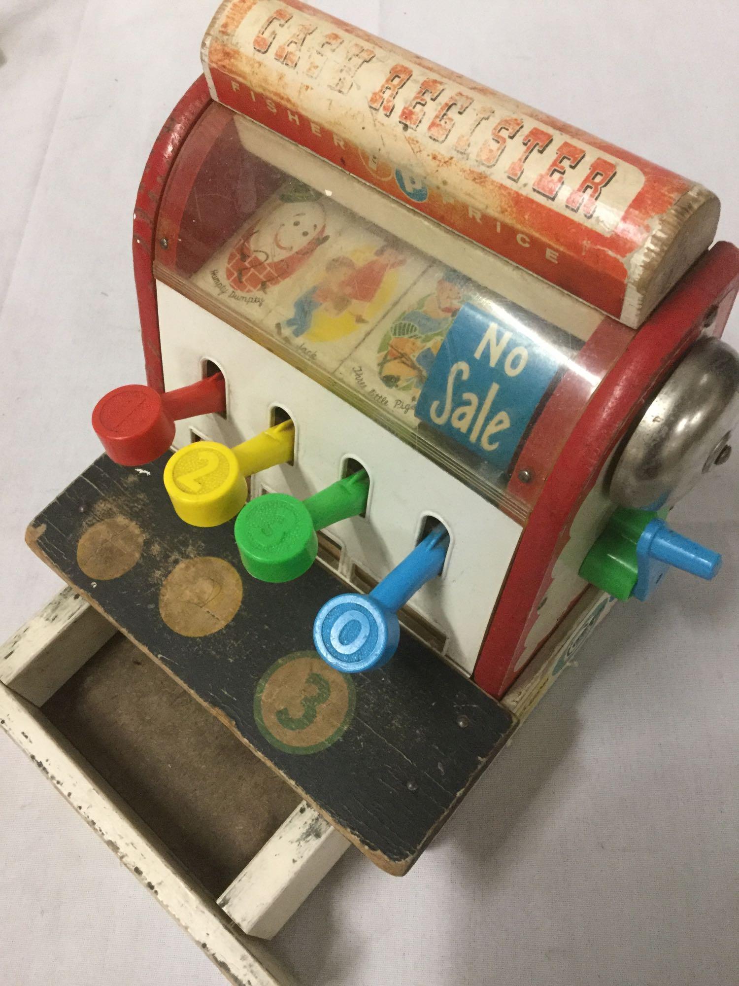 4 wood toys - vintage Fisher Price Cackling Hen pull toy& 72' Cash Register. abacus and more