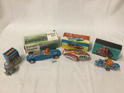 Vintage tin toy lot - Racing Car Lotus 27, Rocket Racer friction toy, repro Pendupet moto etc