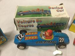 Vintage tin toy lot - Racing Car Lotus 27, Rocket Racer friction toy, repro Pendupet moto etc