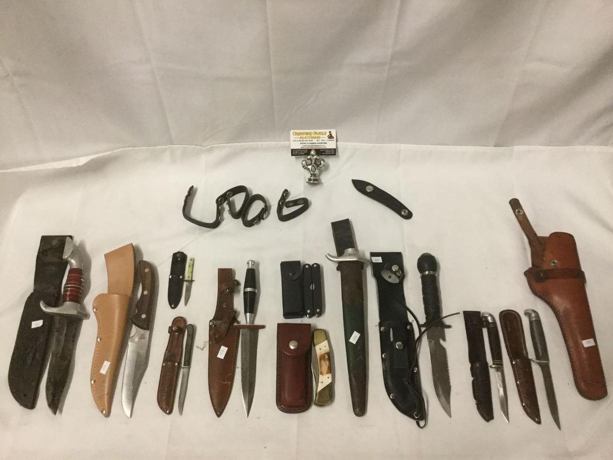 Collection of 10 fixed blade knives w/ sheath, multi-tool w/pouch and an extra sheath - see pics