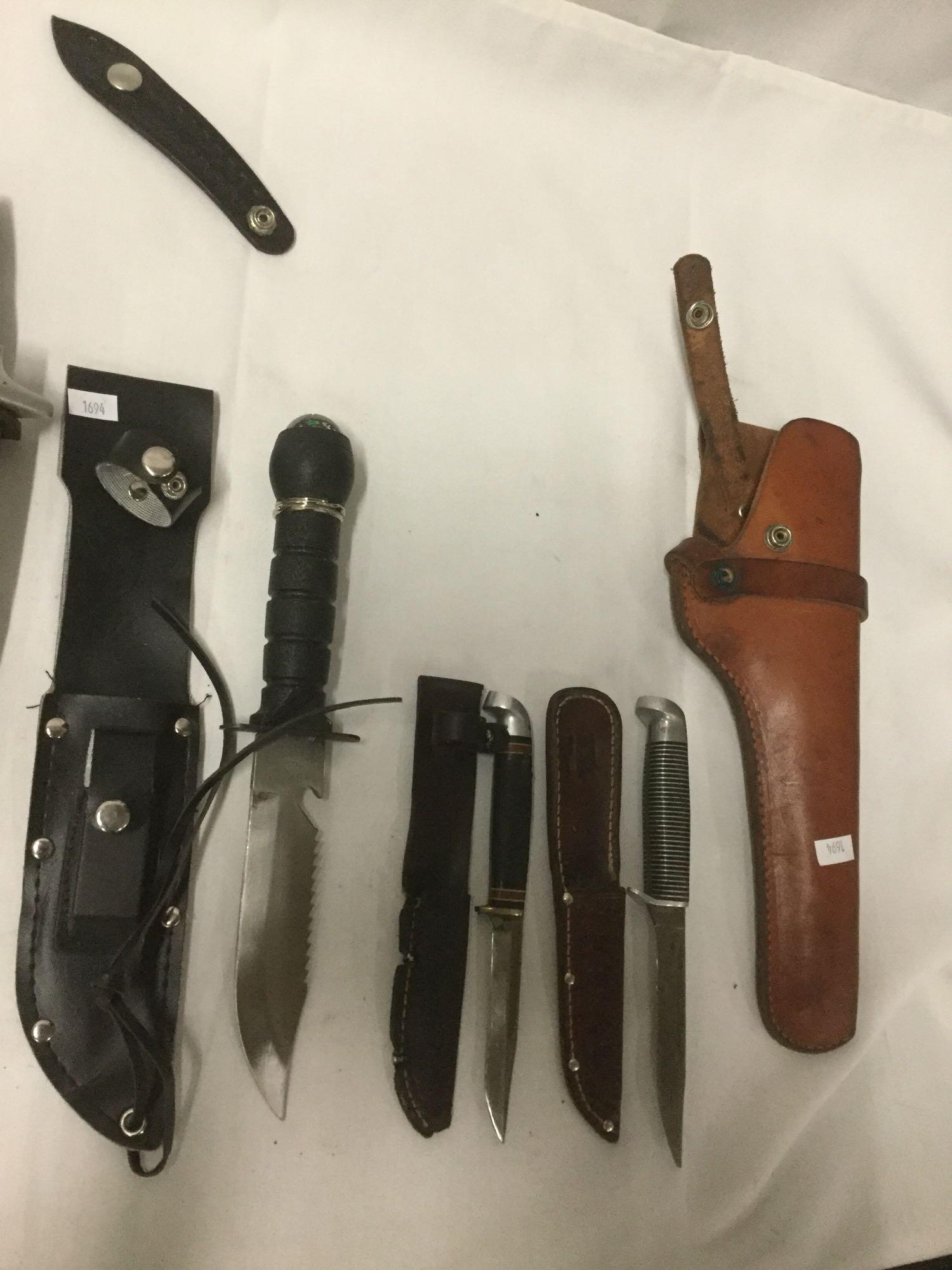 Collection of 10 fixed blade knives w/ sheath, multi-tool w/pouch and an extra sheath - see pics