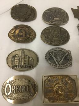 15 metal belt buckles incl. Montana Highway Patrol, Marlboro, Budweiser, etc see desc