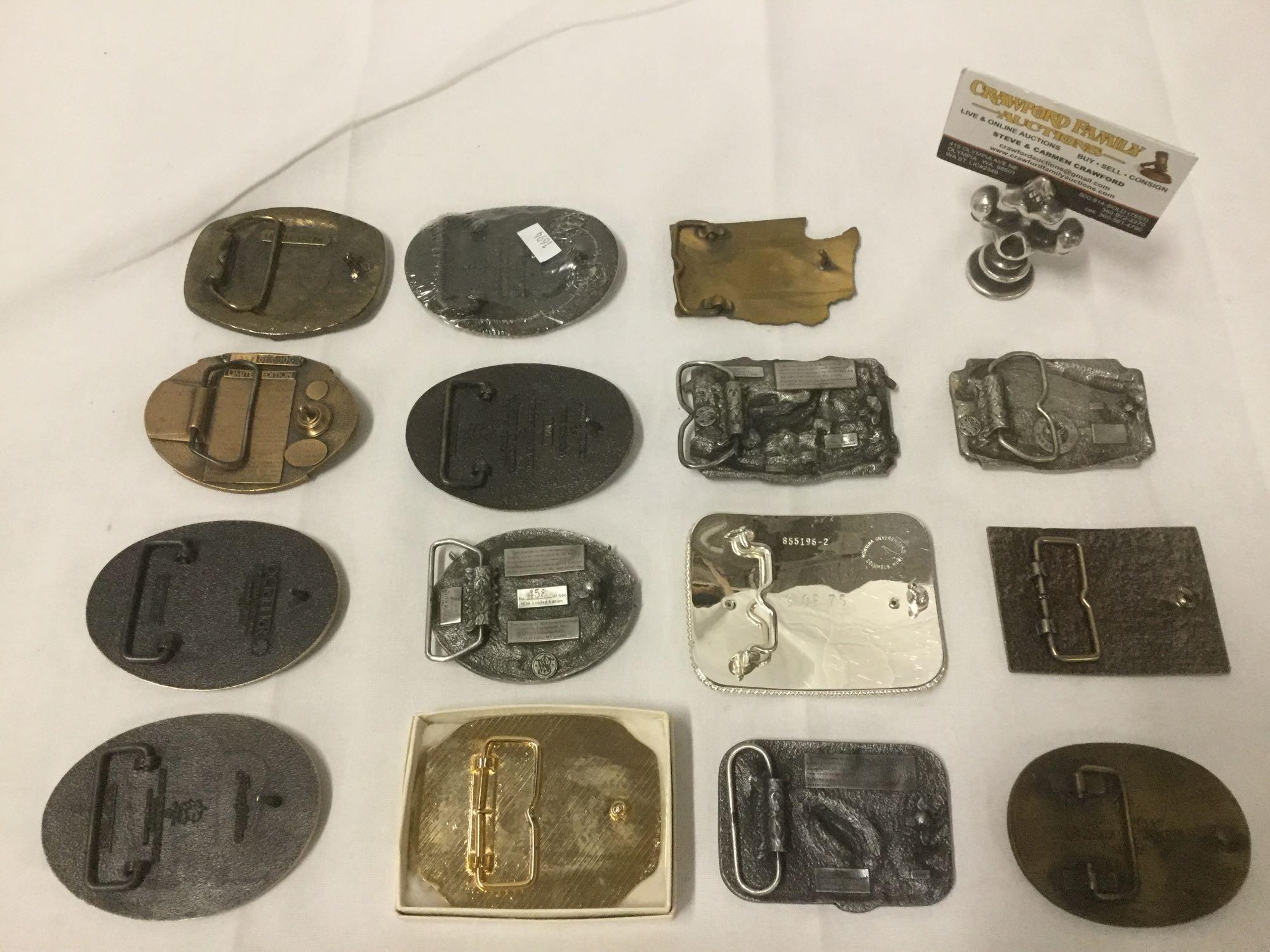 15 metal belt buckles incl. Montana Highway Patrol, Marlboro, Budweiser, etc see desc