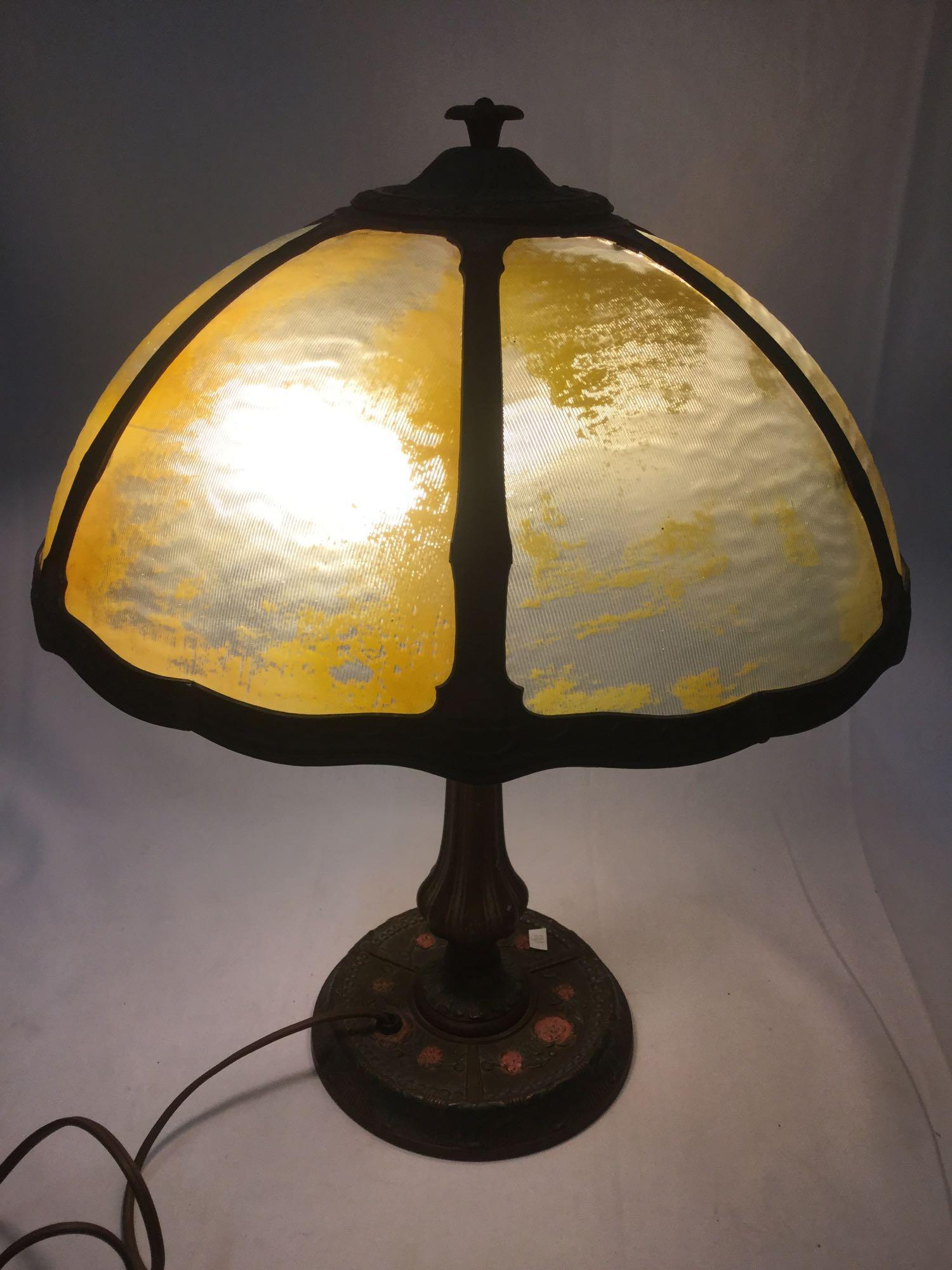 Antique art deco parlor lamp by H. I. Rainaud Co. w/ worn painted glass shade