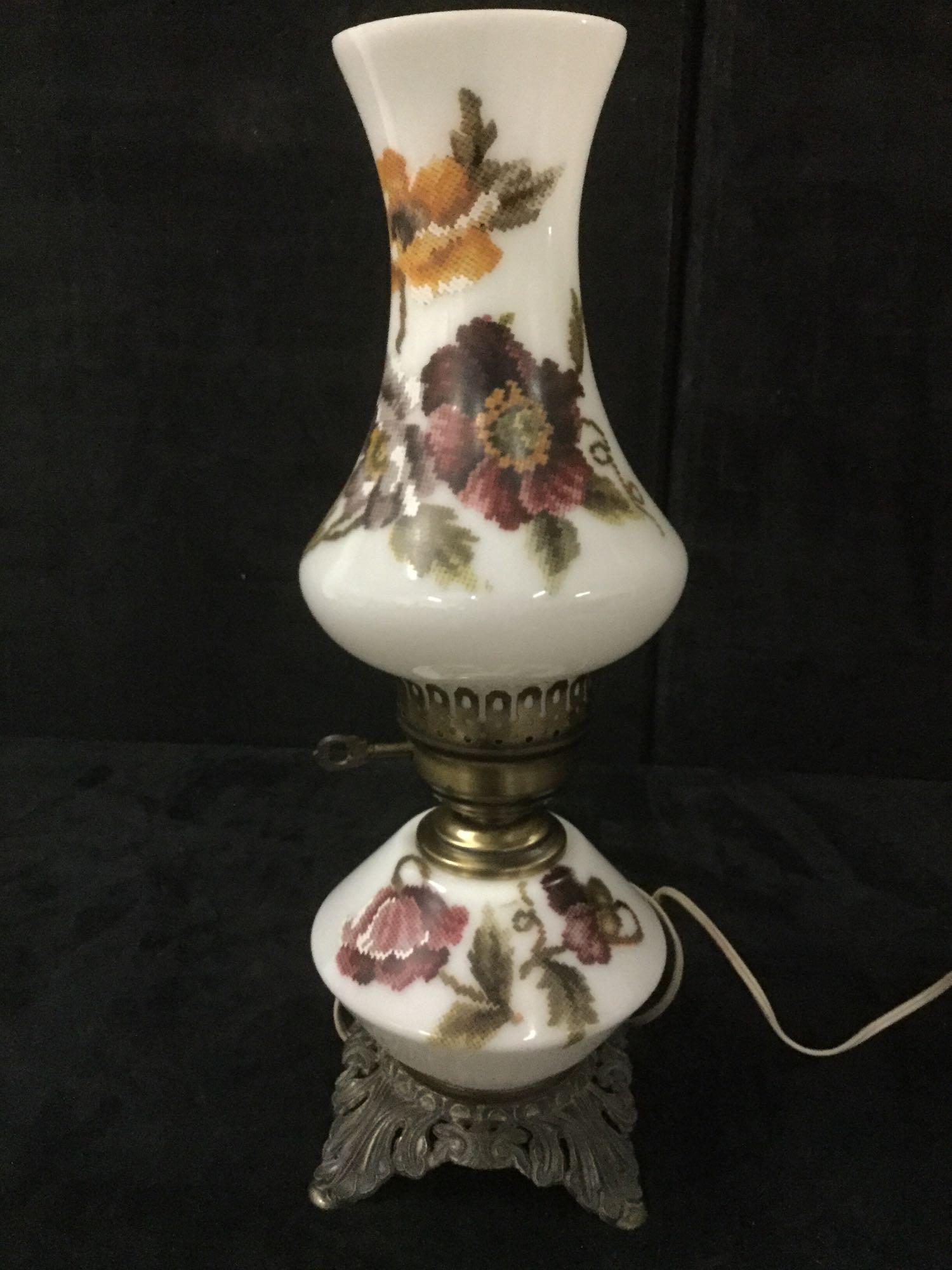 3 vintage hurricane/oil lamp style table lamps incl. rare spiraled milk glass lamp