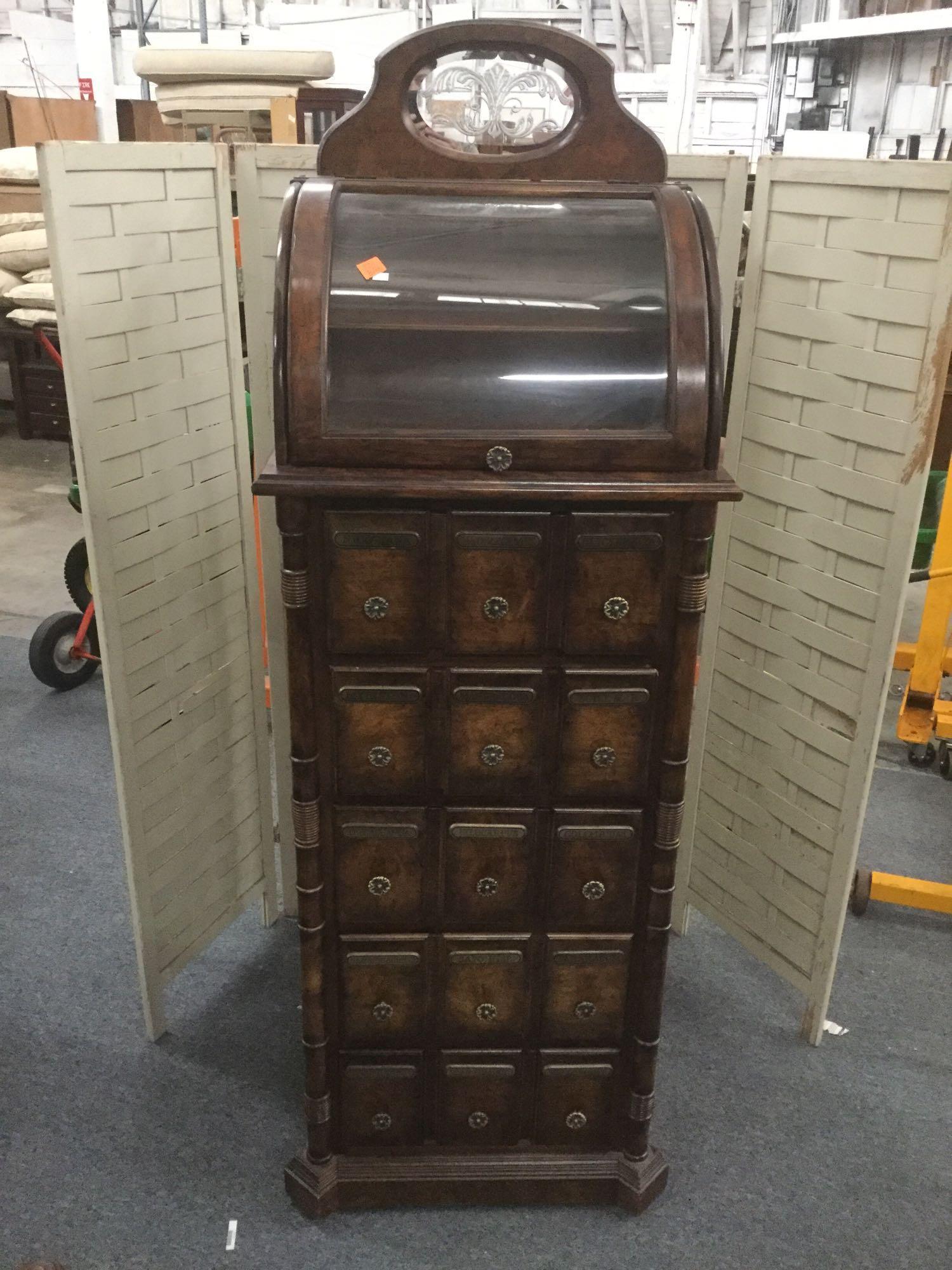 Pulaski Furn co 5 drawer chest with display case rolltop shelf- antique style