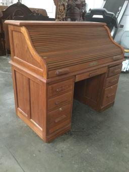 Post Master wood roll top desk w/ file cabinet drawer, marble writing surface