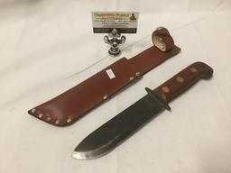 Wood handled straight fixed blade knife with leather sheath marked Scheffield England