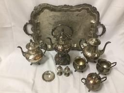 10 pieces of antique silver plate tea set and weighted silver shakers