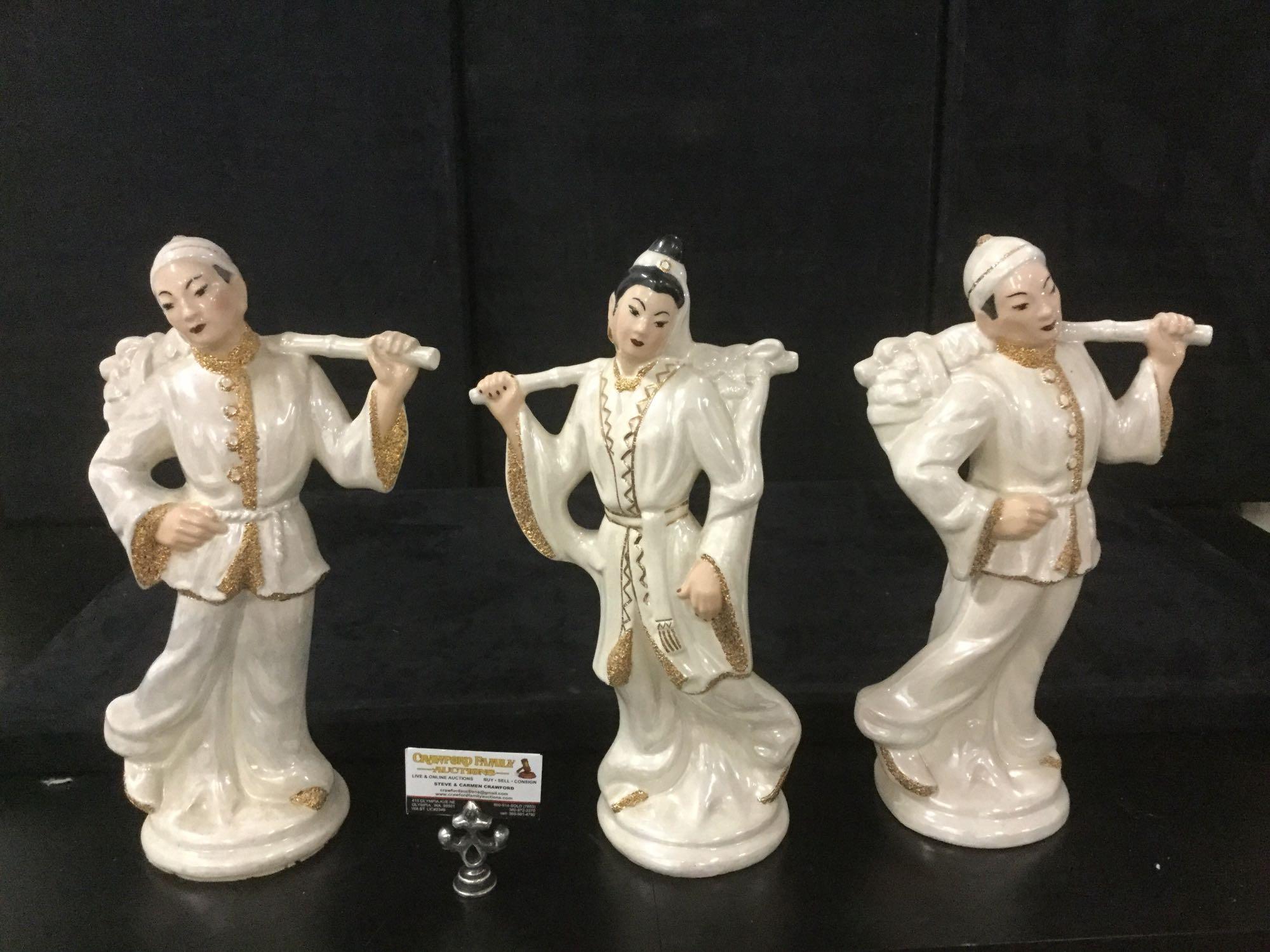 Set of 3 mid century ceramic Asian lady figurines marked CP Ling 1954