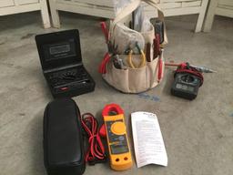 Canvas bag full of tools plus Fluke 322 Clamp Meter Cat III w/ case