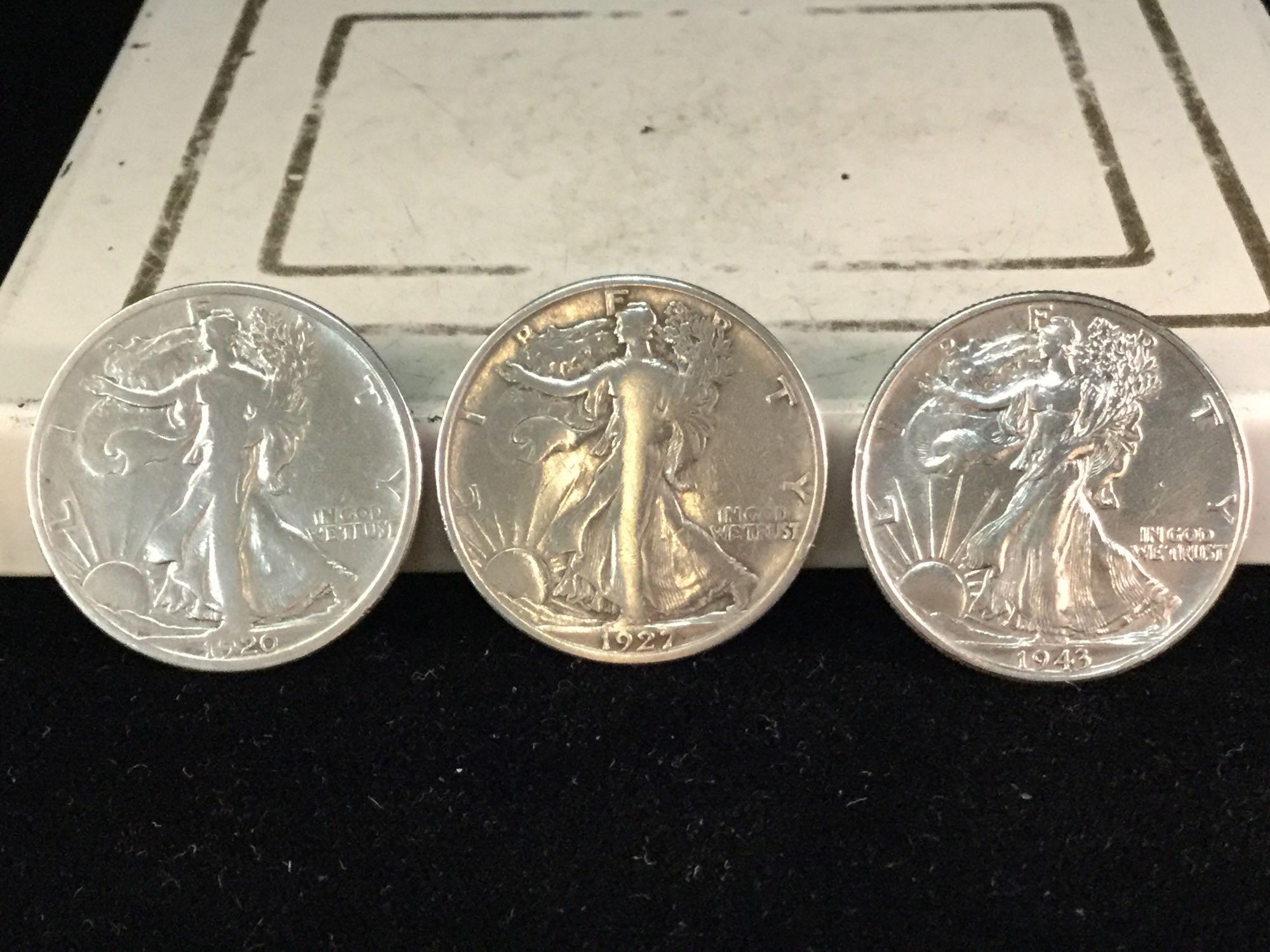 Set of 3 silver Walking Liberty half dollars, 1920-D, 1927-S, and 1943