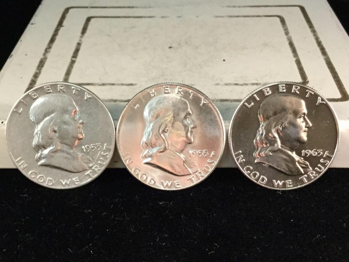 3 nice silver Franklin half dollars, 1953-S, 1955, and 1963