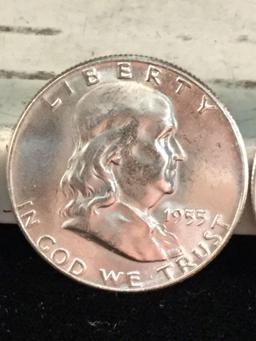 3 nice silver Franklin half dollars, 1953-S, 1955, and 1963