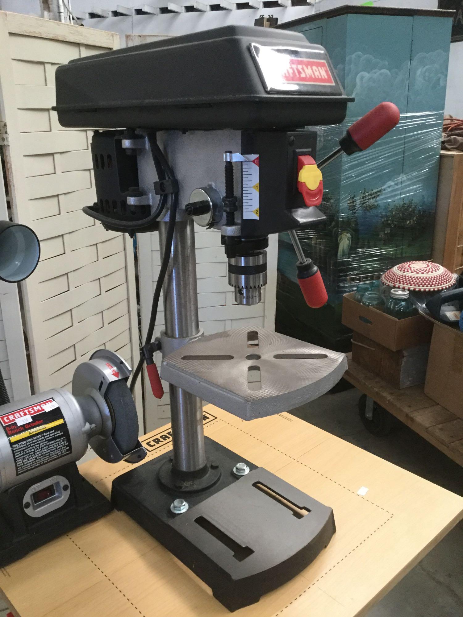 Sears Craftsman 9 inch drill press on Craftsman work table, and Craftsman 6" grinder