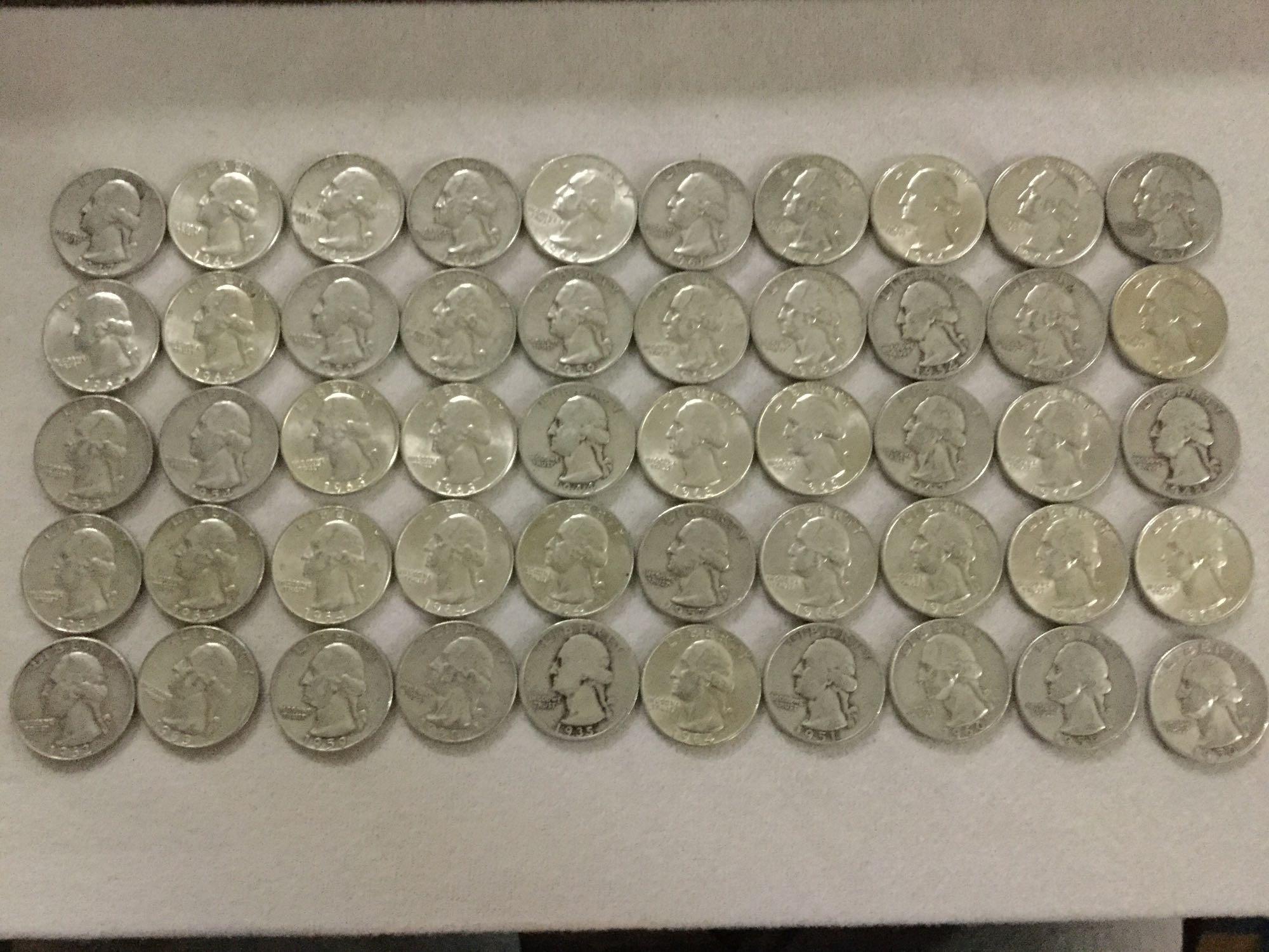 Collection of 50 silver Washington quarters from estate safety deposit box