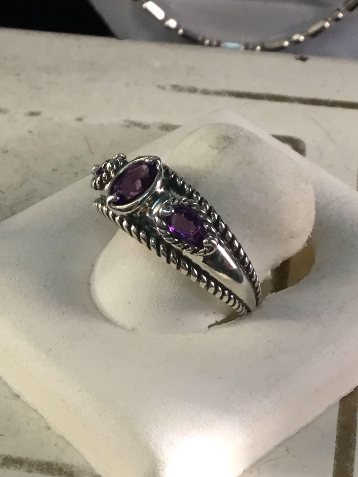 Extra long sterling silver necklace w/ bracelet and amethyst ring