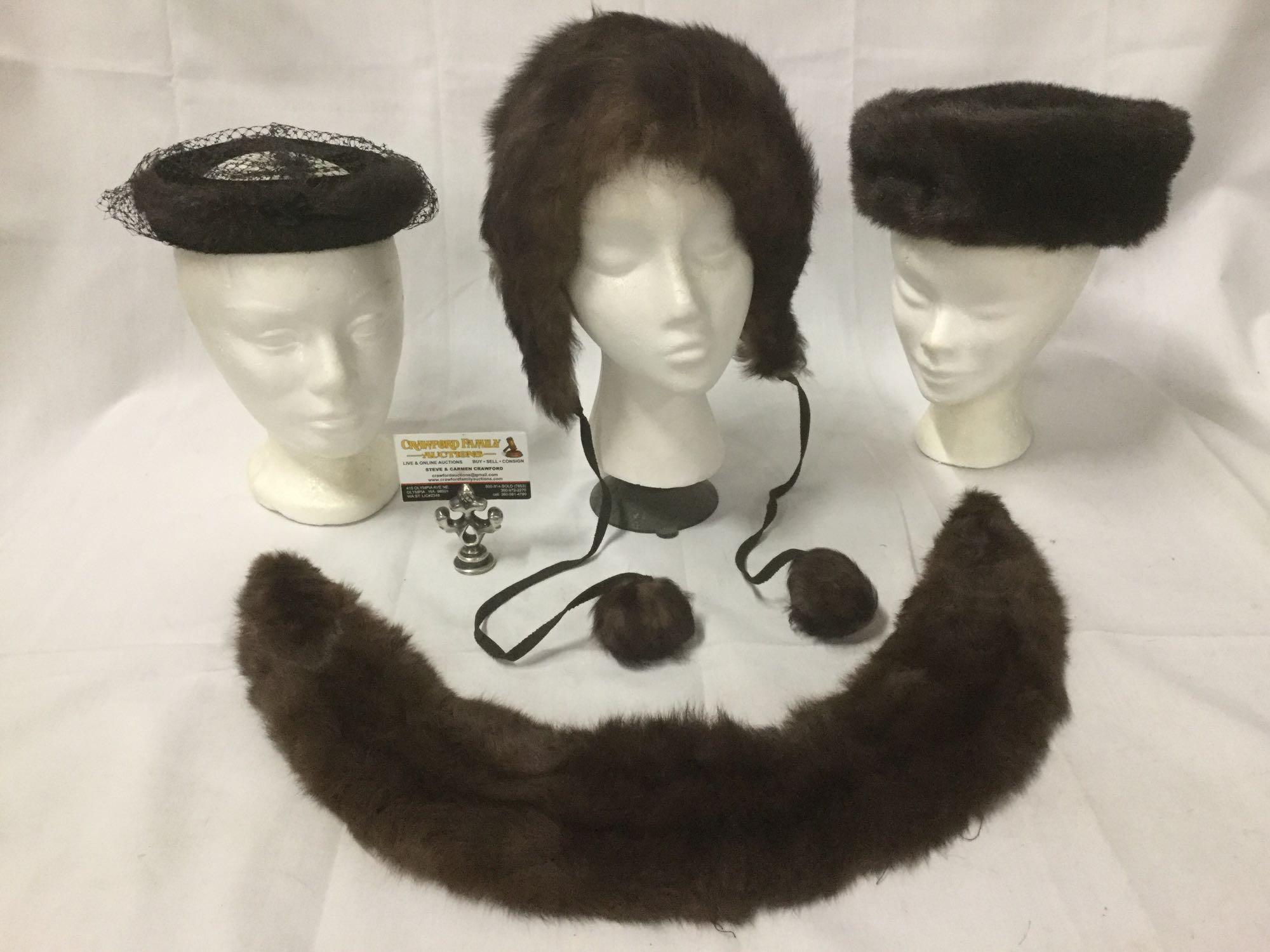 3 vintage fur womens hats and a fur stole/collar see pics