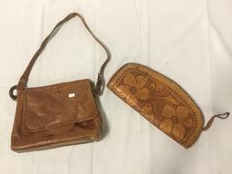 Vintage leather purses -wallet/clutch handbag with tooled flower pattern & simple brown purse