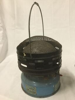 Sears 3000-5000 BTU portable gas heater and cast iron cooking pot with lid