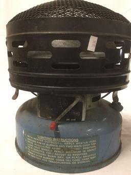 Sears 3000-5000 BTU portable gas heater and cast iron cooking pot with lid