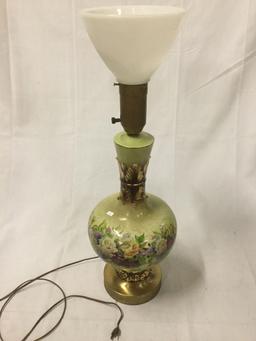 vintage painted flower scene table lamp with upturned milk glass shade