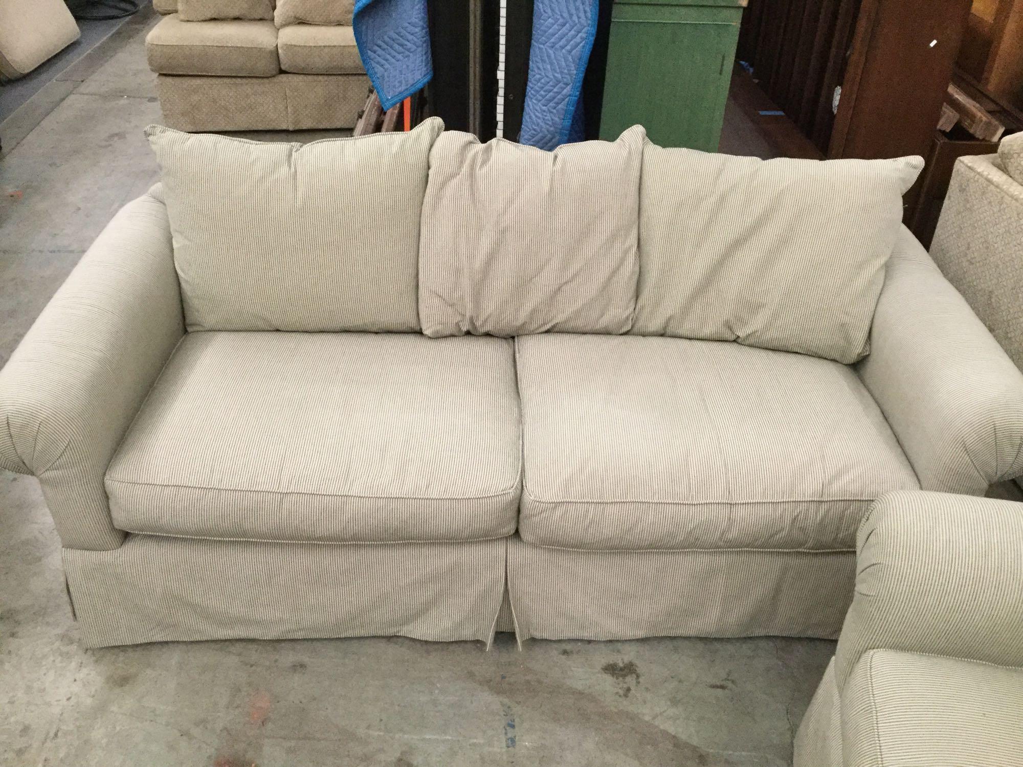 Modern pinstripe couch and love seat sofa set - fair cond