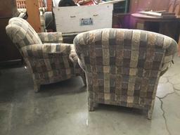 Pair of matching patchwork upholstery armchairs with deep seats