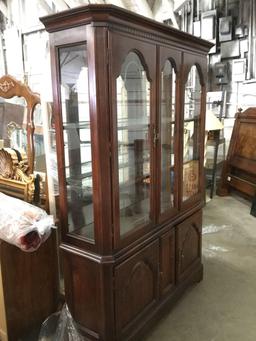 Modern lighted mahogany china cabinet hutch with glass door front and shelves